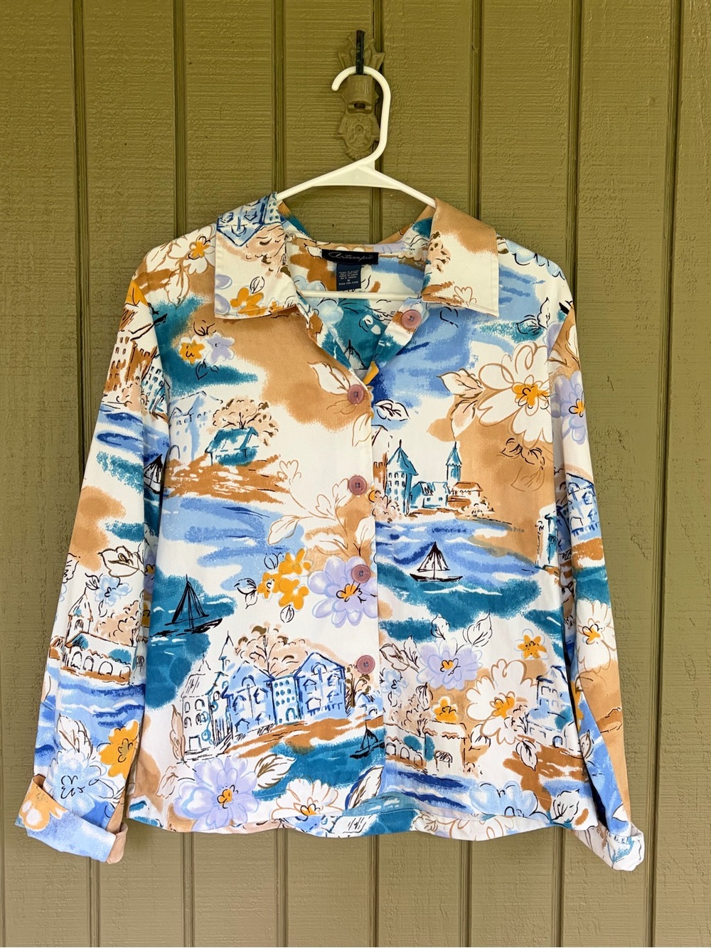 Artscapes Y2K Scenic Coastal Shirt Jacket Medium Houses Sailboats Floral Artsy